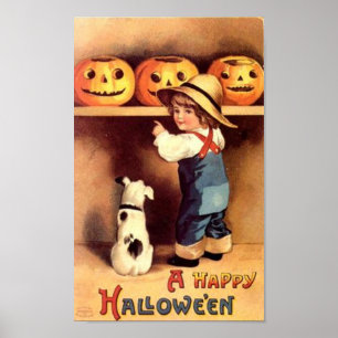 Poster Petit garçon avec chien et Citrouille