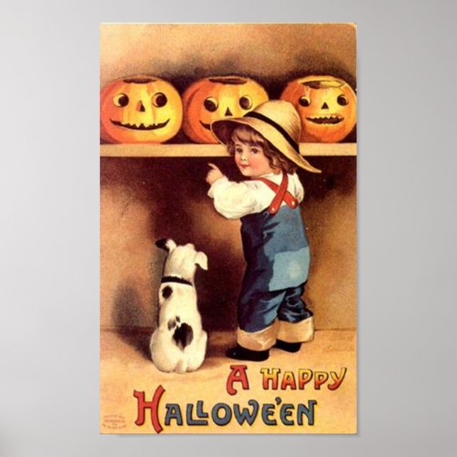 Poster Petit garçon avec chien et Citrouille (Devant)