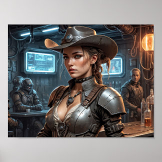 Poster Petit garçon de vache spatiale avec cyber-armure