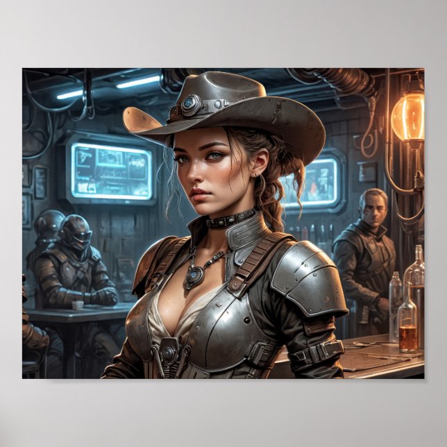Poster Petit garçon de vache spatiale avec cyber-armure (Devant)