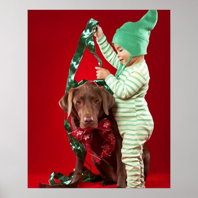 Poster Petit garçon décorant un chien (Devant)