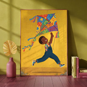 Poster Petit garçon heureux faisant voler un cerf-volant 
