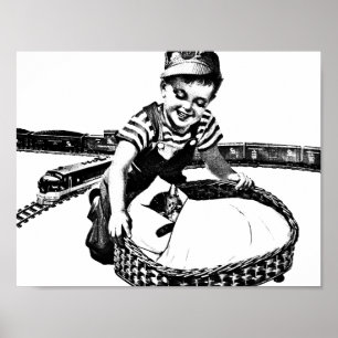 Poster Petit Garçon Jouer avec train et chat Art Vintage