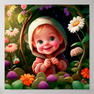 Poster Petit Garçon Souriant Dans Un Jardin De Fleurs