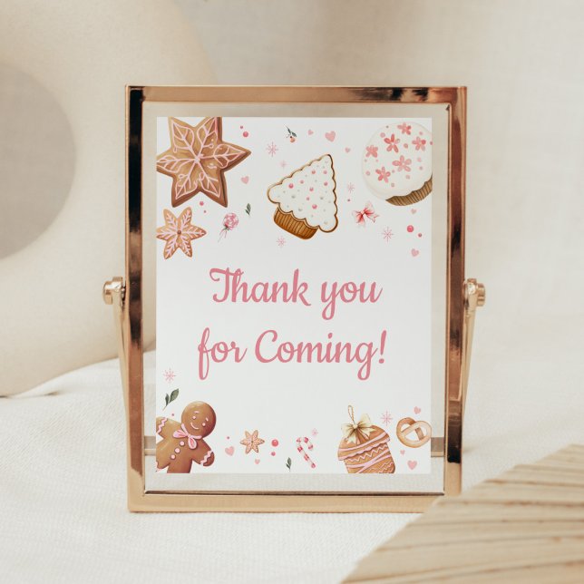 Poster Petit Merci de biscuits rose de Noël pour venir (Christmas Little Cookie Gingerbread Baby Shower Thank you for Coming Sign)