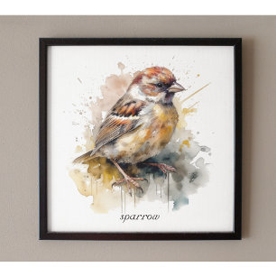 Poster petit moineau mignon en aquarelle