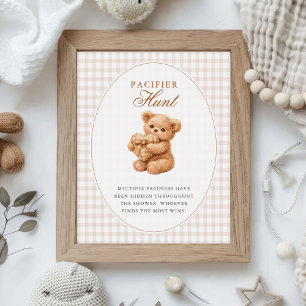 Poster Petit ours en gingham marron Baby Shower