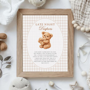 Poster Petit ours en gingham marron Baby Shower