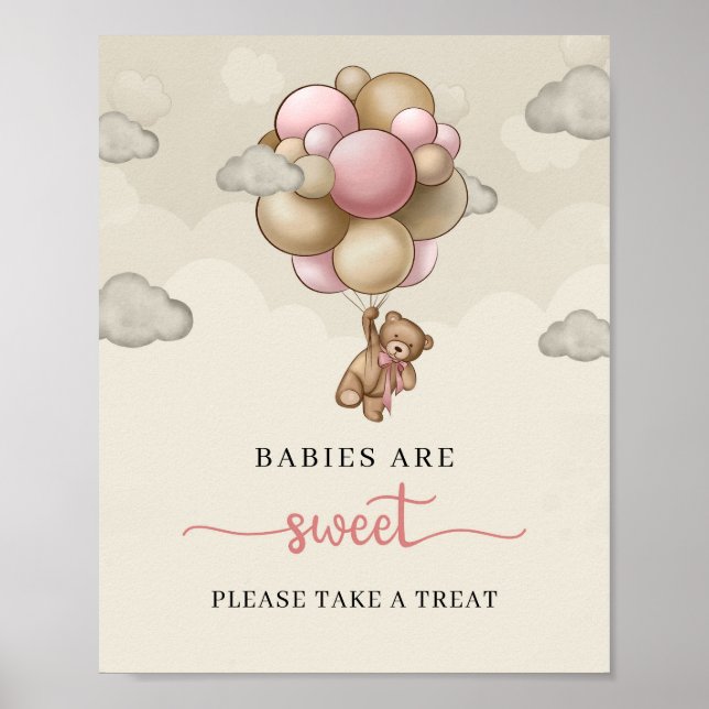 Poster Petit ours en peluche ballons roses bébés sont dou (Devant)
