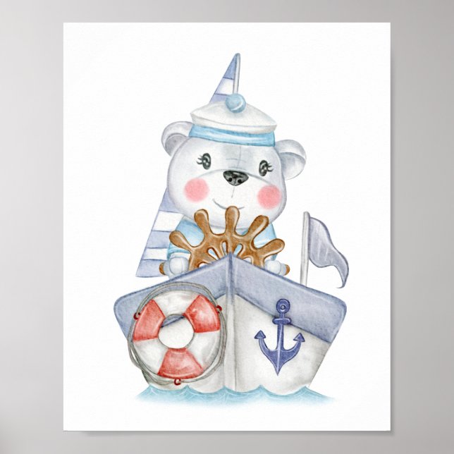 Poster Petit ours polaire marin en peluche sur un bateau (Devant)