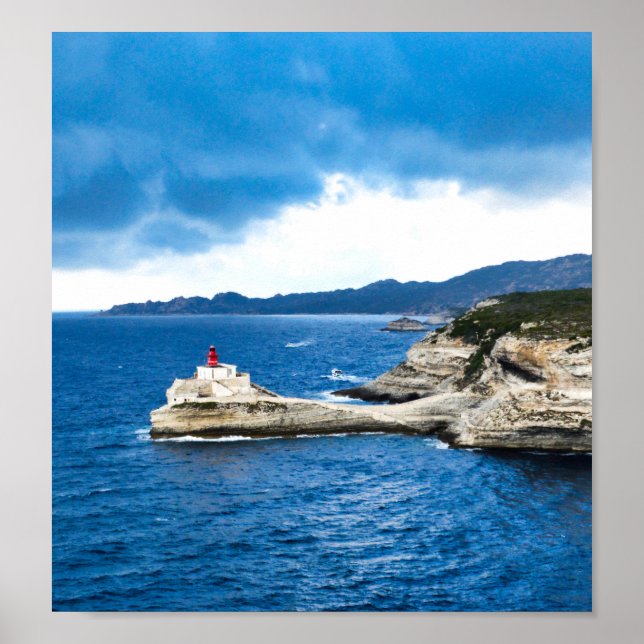 Poster Petit phare rouge français sur une falaise blanche (Devant)