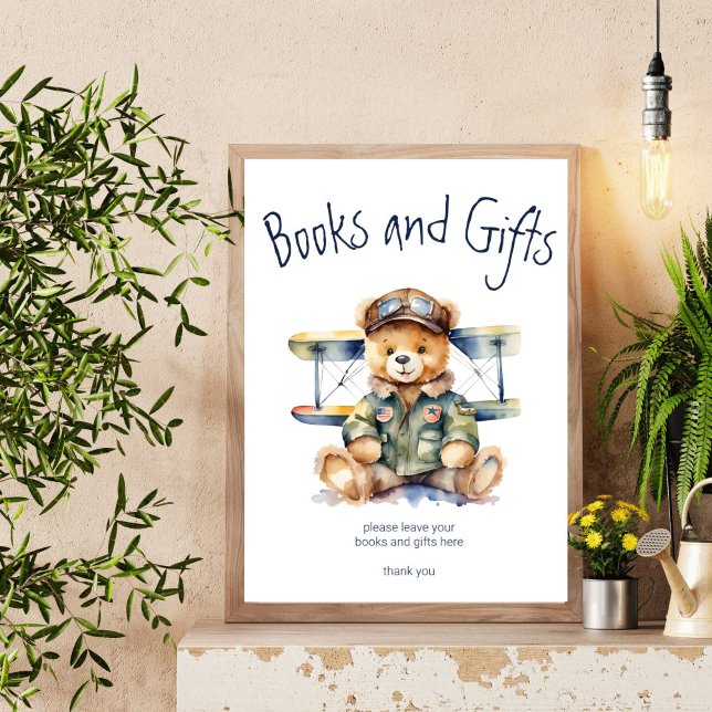 Poster Petit pilote mignon ours en peluche livres cadeaux (Tiny pilot cute teddy bear books and gifts table sign baby shower personalized decor signs)