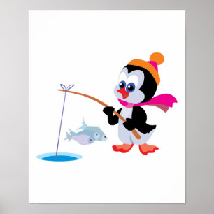 Poster petit pingouin de pêche à la glace