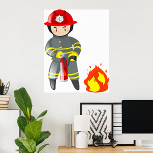 Poster Petit pompier héros éteignant un incendie