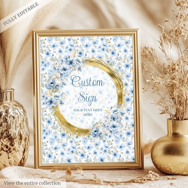 Poster Petite aquarelle bleu pastel fleurs or personnalis (Little pastel blue watercolor flowers gold custom Poster)