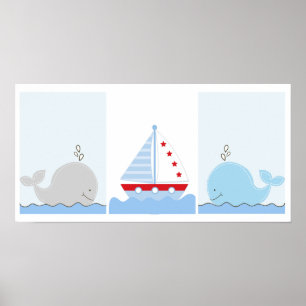 Poster Petite baleine bleue et bateaux à voile