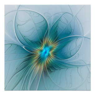 Poster Petite Beauté Moderne Bleu Or Fractal Art Flower