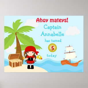 Poster Petite Brunette Pirate Girl en rouge Anniversaire