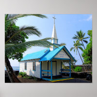 Petite église bleue et blanche à Hawaii