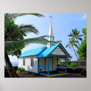 Poster Petite église bleue et blanche à Hawaii
