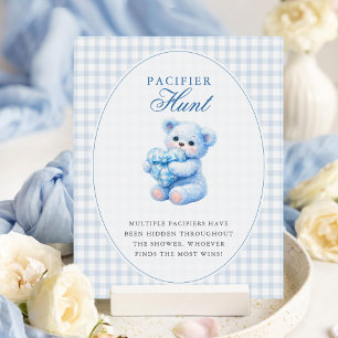 Poster Petite Fête Baby Shower Ours en Teddy Gingham Bleu