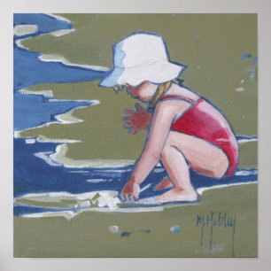 Poster Petite fille avec casquette sur la plage avec vagu