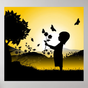 Poster Petite fille avec silhouette fleurie