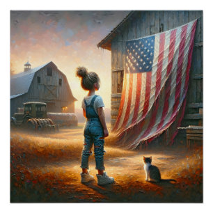 Poster Petite fille avec un drapeau américain sur une gra