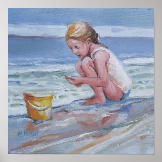 Poster Petite fille beachcomber avec seau jaune (Devant)