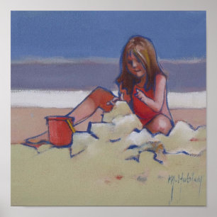 Poster Petite fille de sable mignonne jouant sur la plage