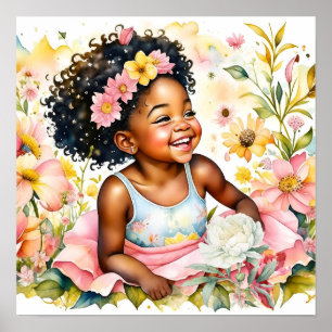 Poster Petite fille en fleurs roses Aquarelle Art