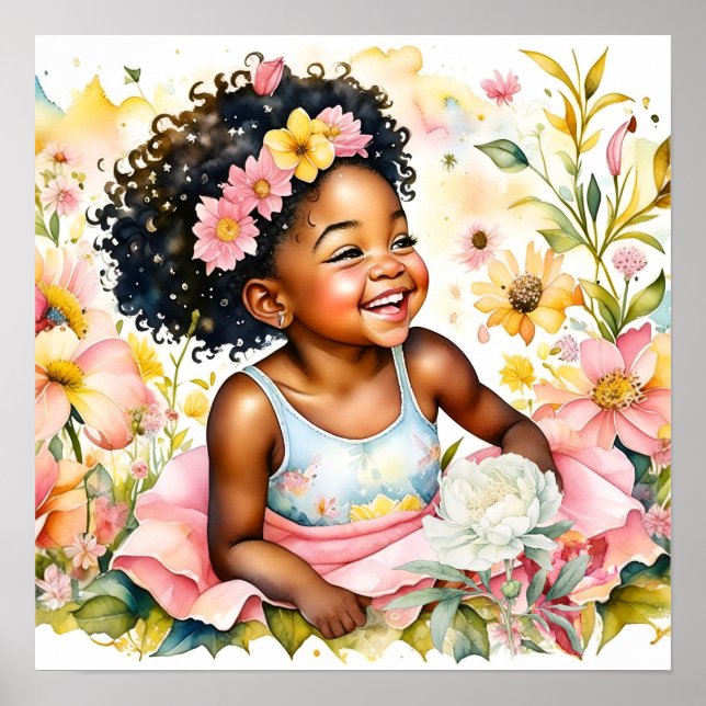 Poster Petite fille en fleurs roses Aquarelle Art (Devant)