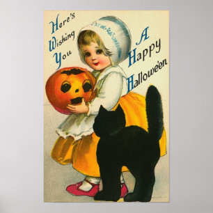 Poster Petite fille et chat