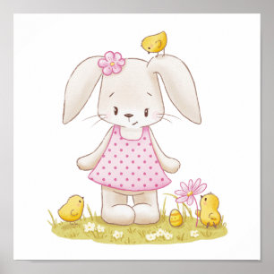 Poster Petite fille lapin en Robe Rose et pousses Kawaii