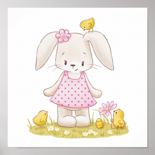 Poster Petite fille lapin en Robe Rose et pousses Kawaii (Devant)