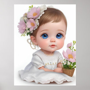 Poster Petite fille mignonne aux yeux et aux fleurs bleue
