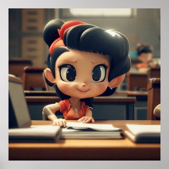 Poster Petite fille mignonne en classe à l'école fille mo (Devant)