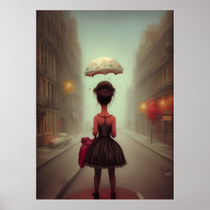 Poster Petite fille mignonne rentrant à pied du parapluie