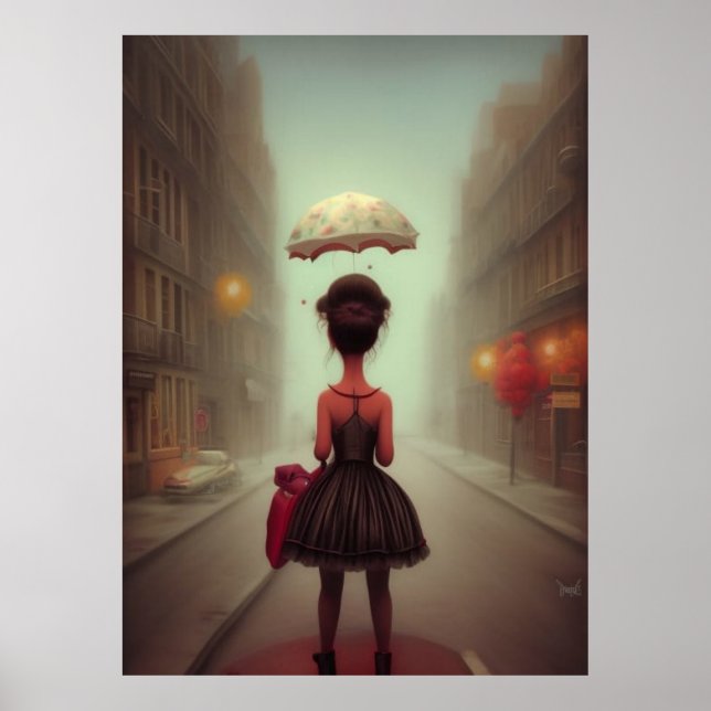 Poster Petite fille mignonne rentrant à pied du parapluie (Devant)