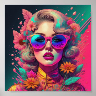 Poster Petite fille rétro avec lunettes de soleil et fleu
