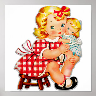 Poster Petite fille rétro vintage poupée enfant