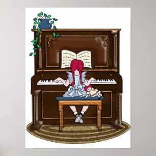 Poster Petite fille rouge Haired Practicting Piano