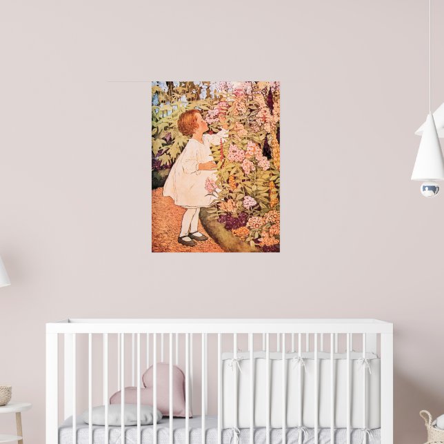 Poster Petite Fille Sentant des Fleurs Illustration Vinta (Pépinière 2)