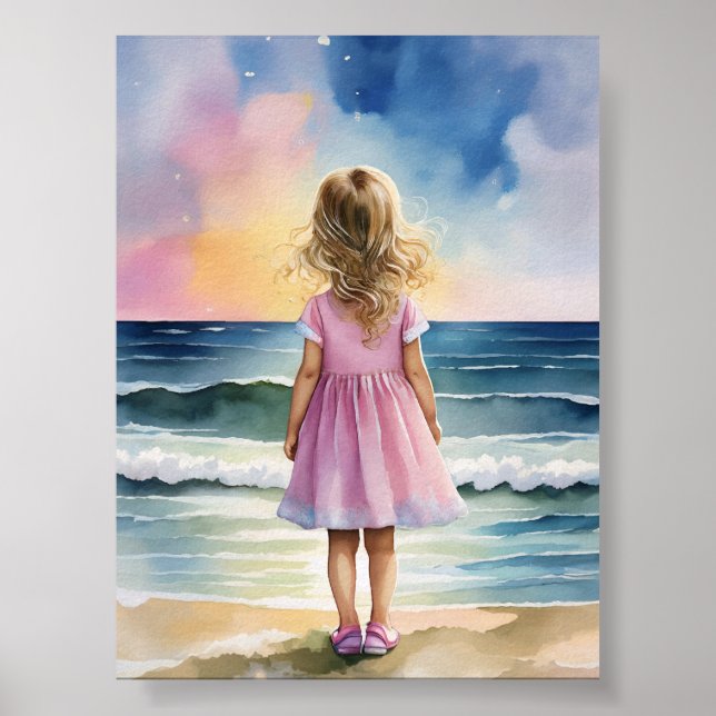 Poster Petite fille sur la plage aquarelle mur d'art (Devant)