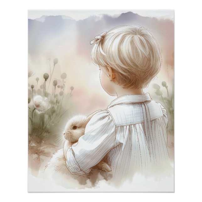 Poster Petite fille tenant un lapin (Devant)