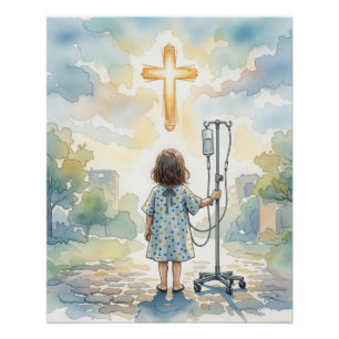 Poster Petite Fille Tenant un Poteau de Perfusion