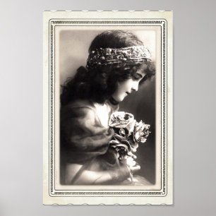 Poster Petite Fille Victorienne vintage Tenant Un B/W Pos