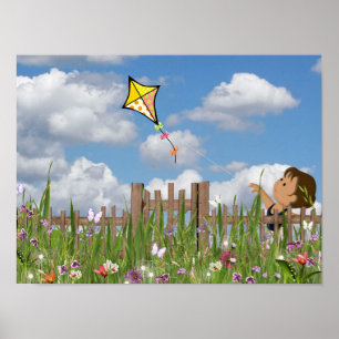 Poster Petite Fille Volant Un Cerf-volant