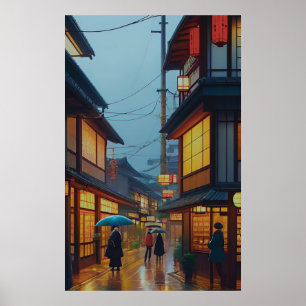 Poster Petite route japonaise pluvieuse