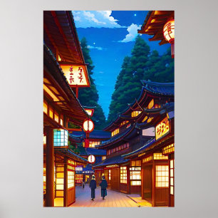 Poster Petite rue de ville japonaise la nuit